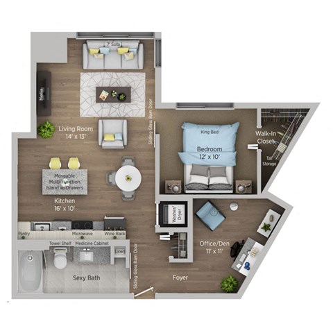 Floor plan for 1 bed, 1 bath, 715 sqft